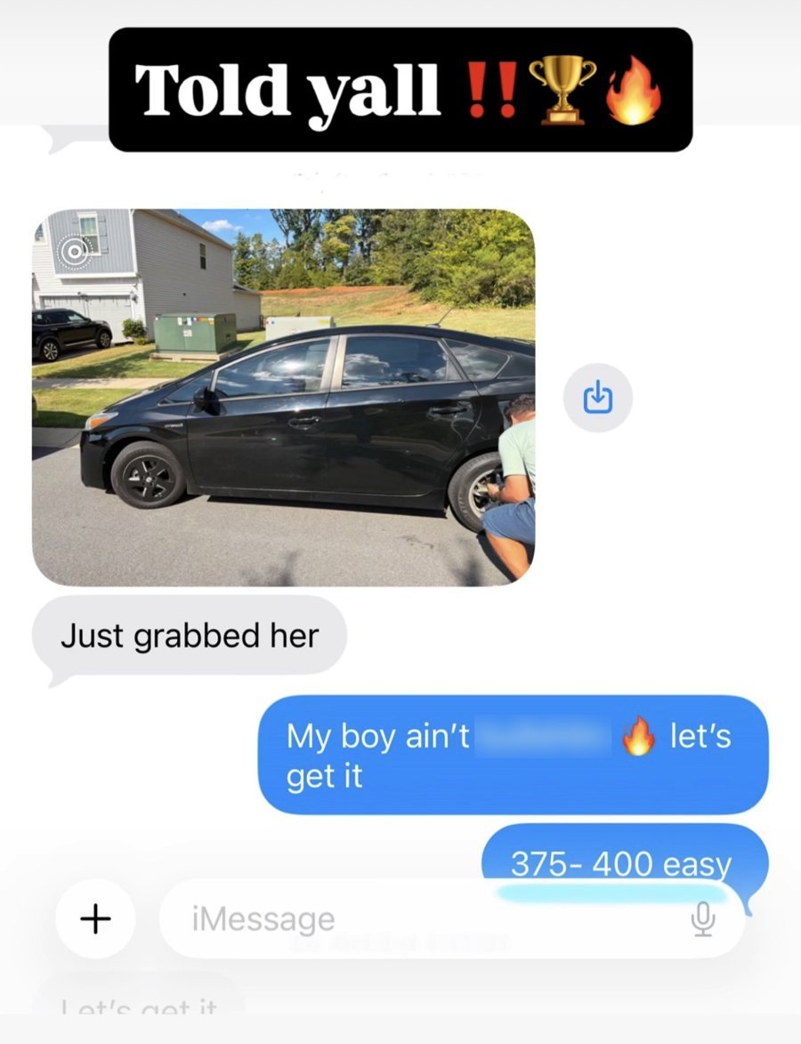 Text from a student showing the car he just bought, with a reply that it will rent for $375–$400 a week
