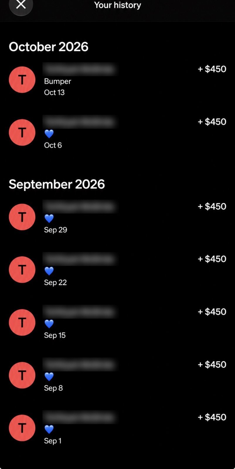 Payment history showing $450 weekly rental payments every week in September and October